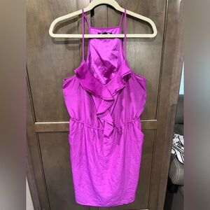 Gianni Bini Magenta Purple Ruffle Neck Strappy Square Back Dress sz L pull-on